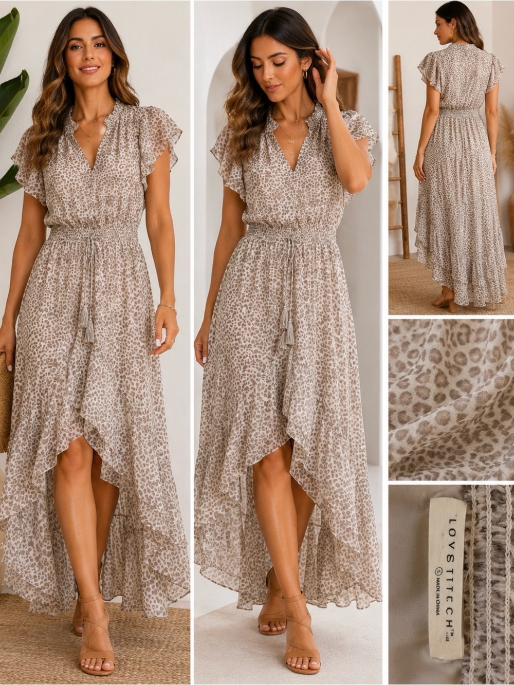 STATE Taupe Leopard Ruffle High-Low Maxi Dress